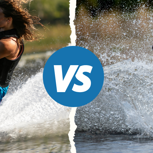 Side by side of a man wakeboarding and a man wakeskating